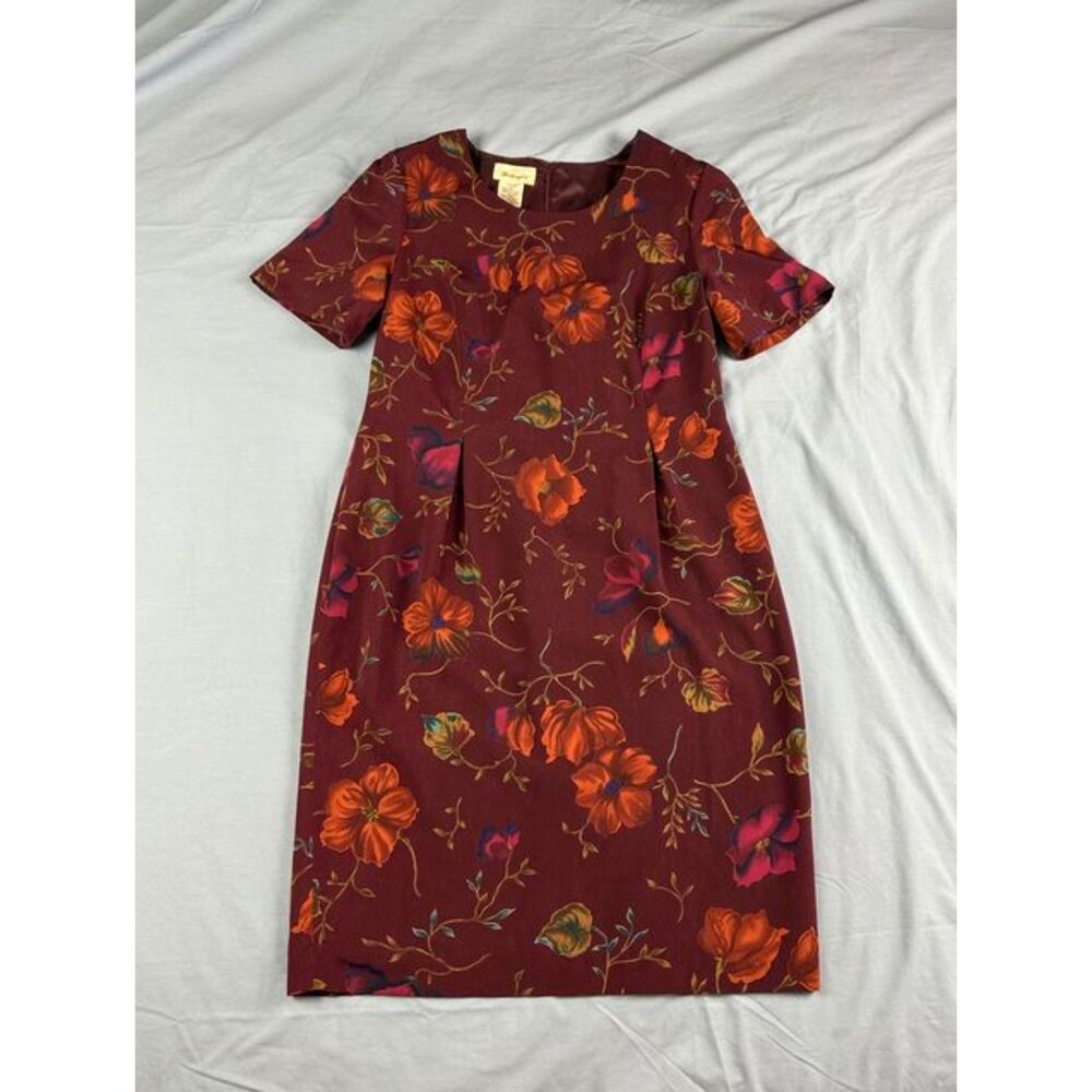 Worthington Vintage Floral Print Shift Dress Burgundy Size 12 Short Sleeve